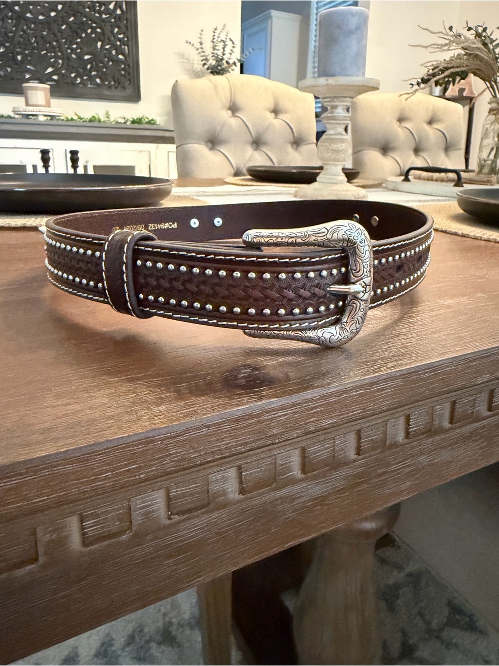 Western Embossed Leather Youth Belt with Studded Detail - Brown
